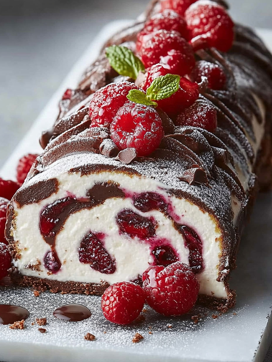 A cake with raspberries and chocolate.