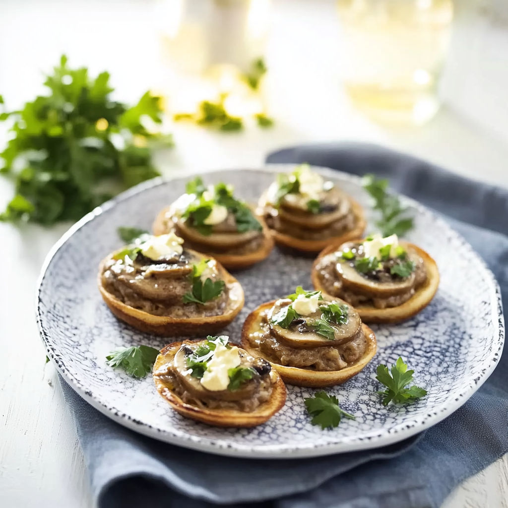 A plate of blinis with mushrooms and cheese.