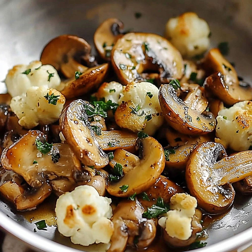 A bowl of mushrooms with herbs on top.
