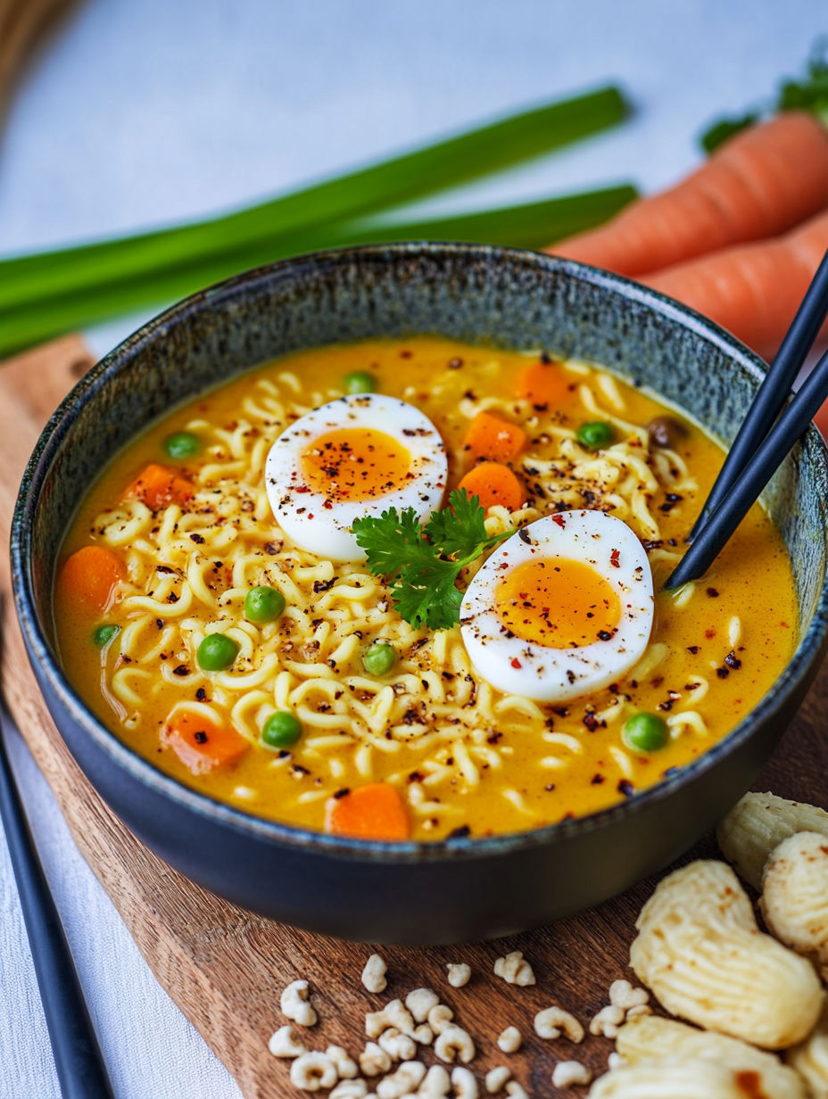 A bowl of noodles with eggs and carrots.