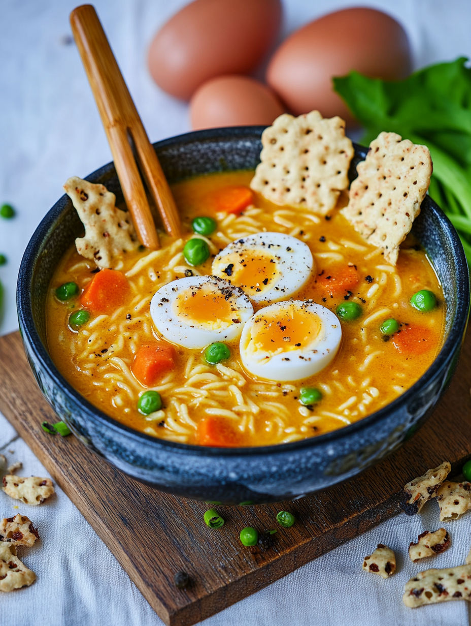 A bowl of soup with crackers and eggs.