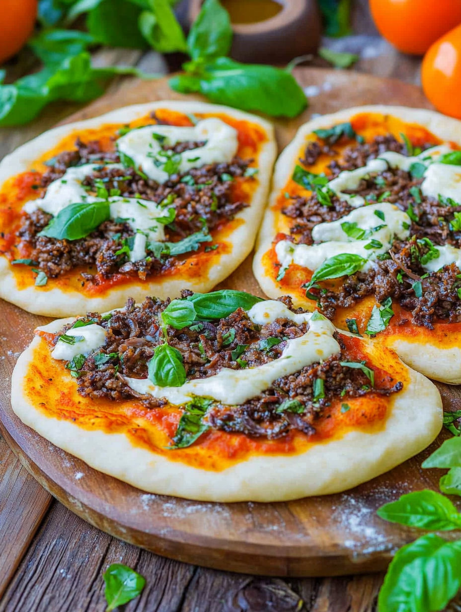 Two pizzas with cheese and spinach on a wooden table.