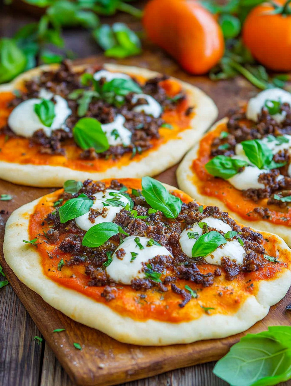 Three pizzas with cheese and meat toppings.