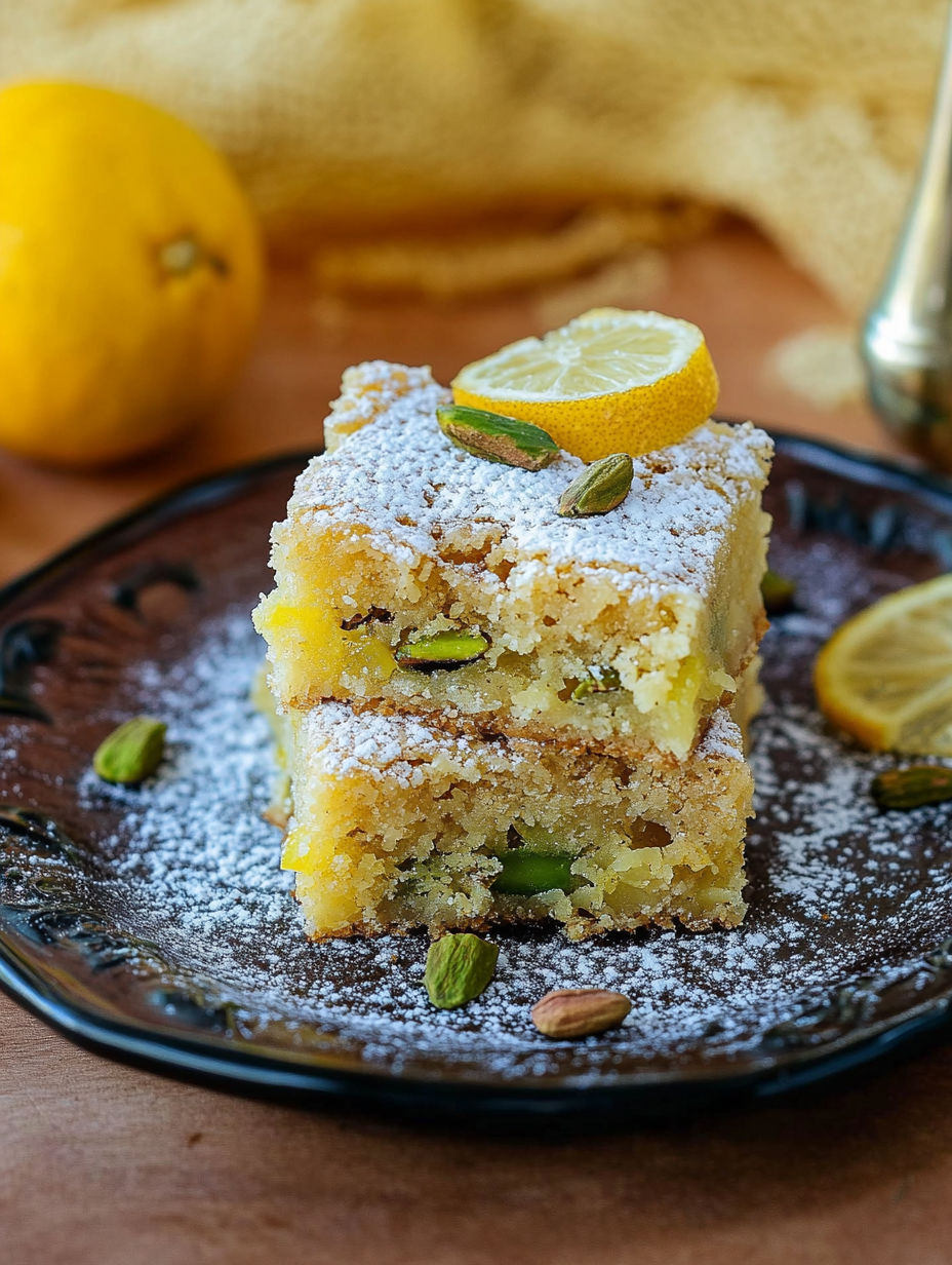 A slice of cake with lemon and almonds on top.
