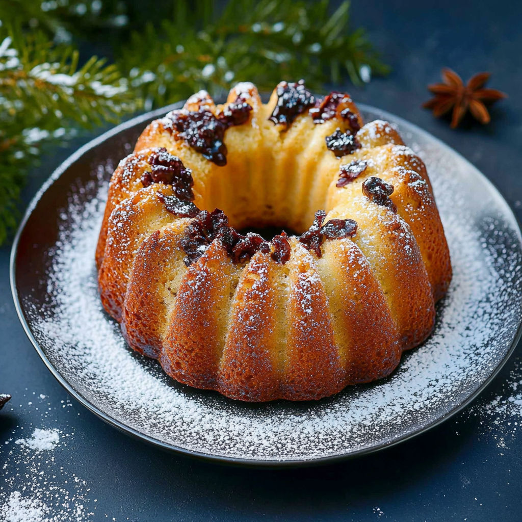 A cake with powdered sugar on top.