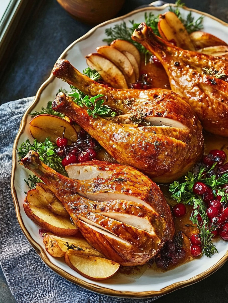 A plate of roasted chicken with a side of apples.