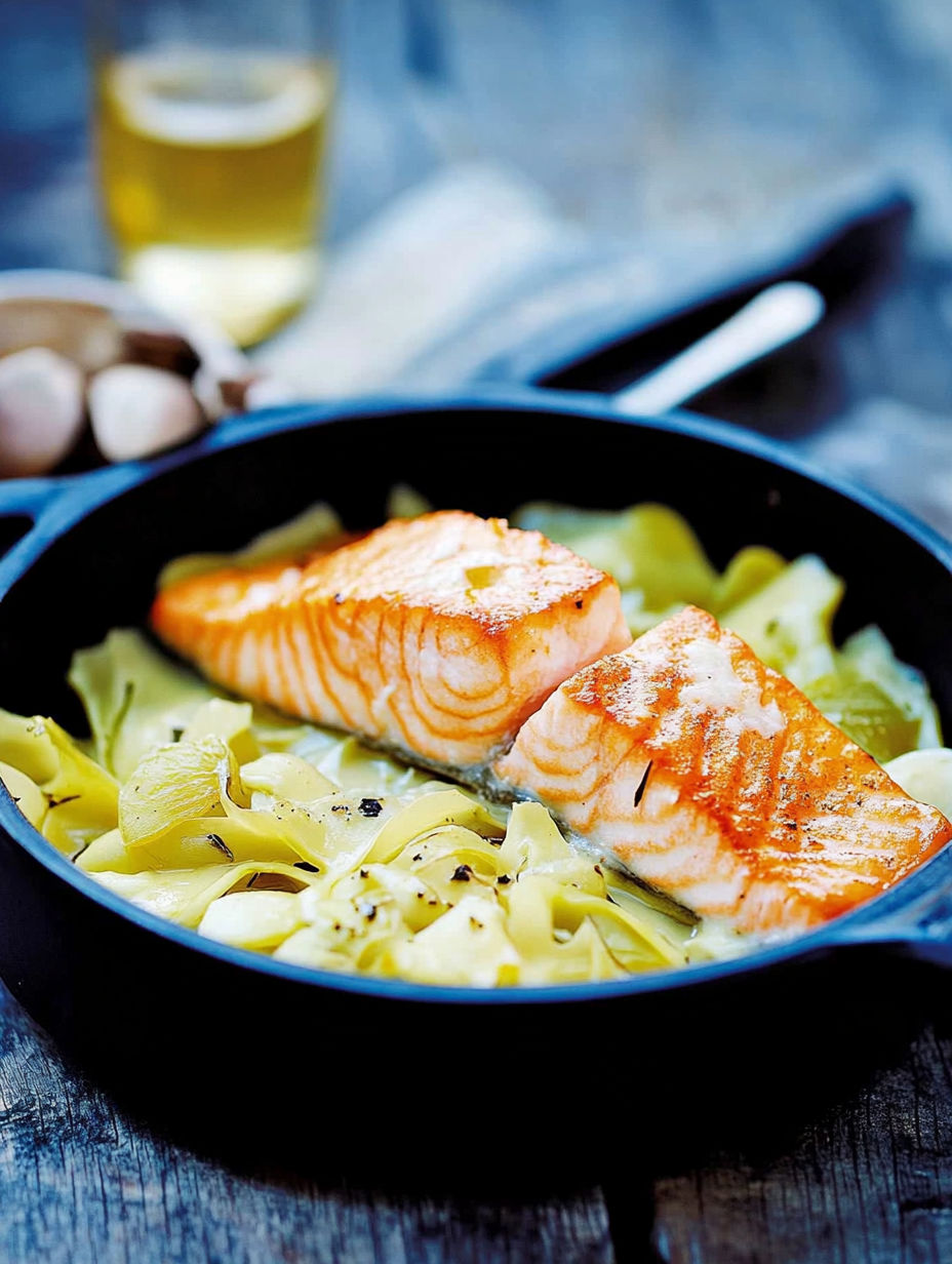 A pan of salmon with vegetables.