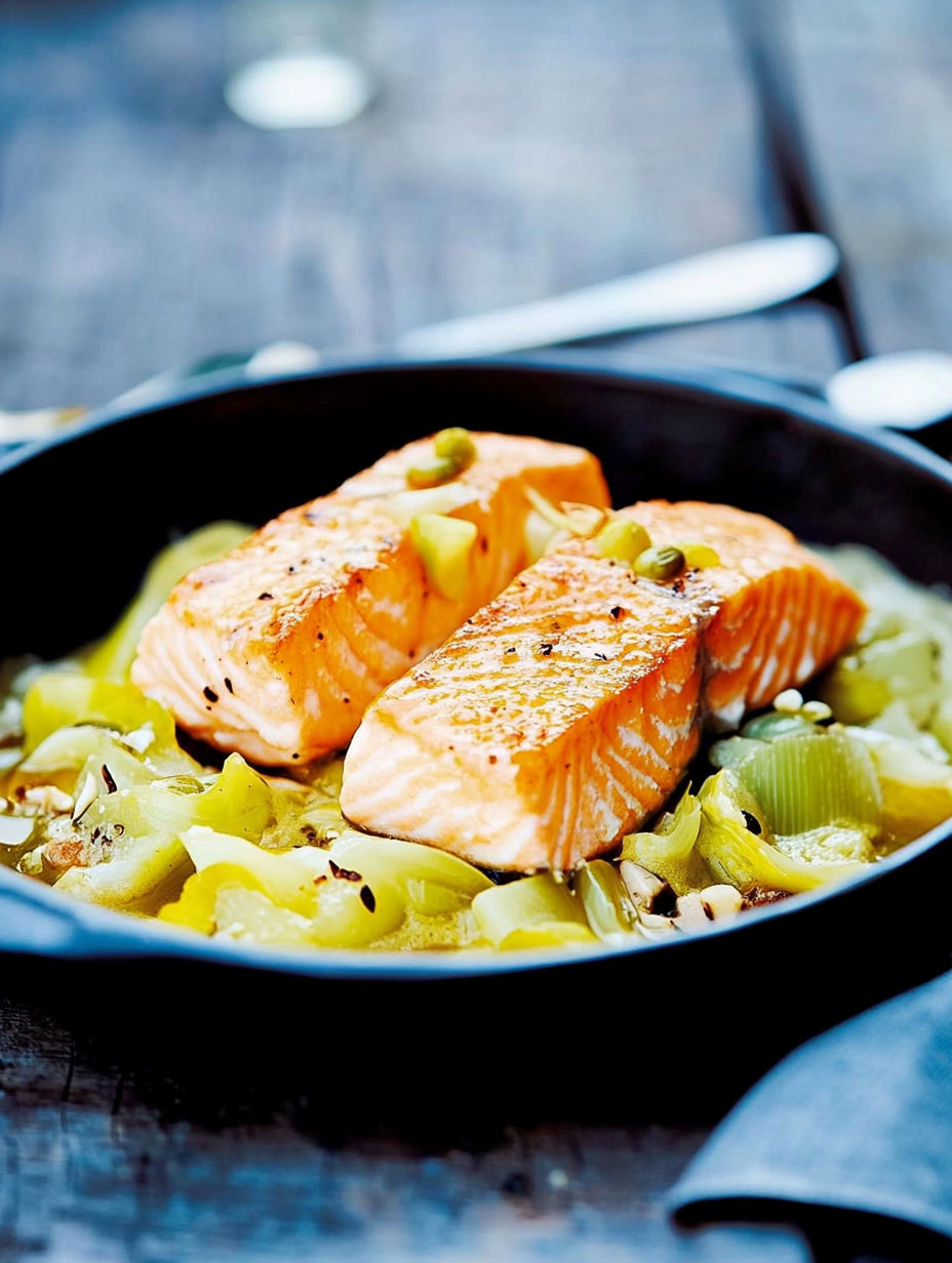 A black bowl of salmon with a green vegetable.