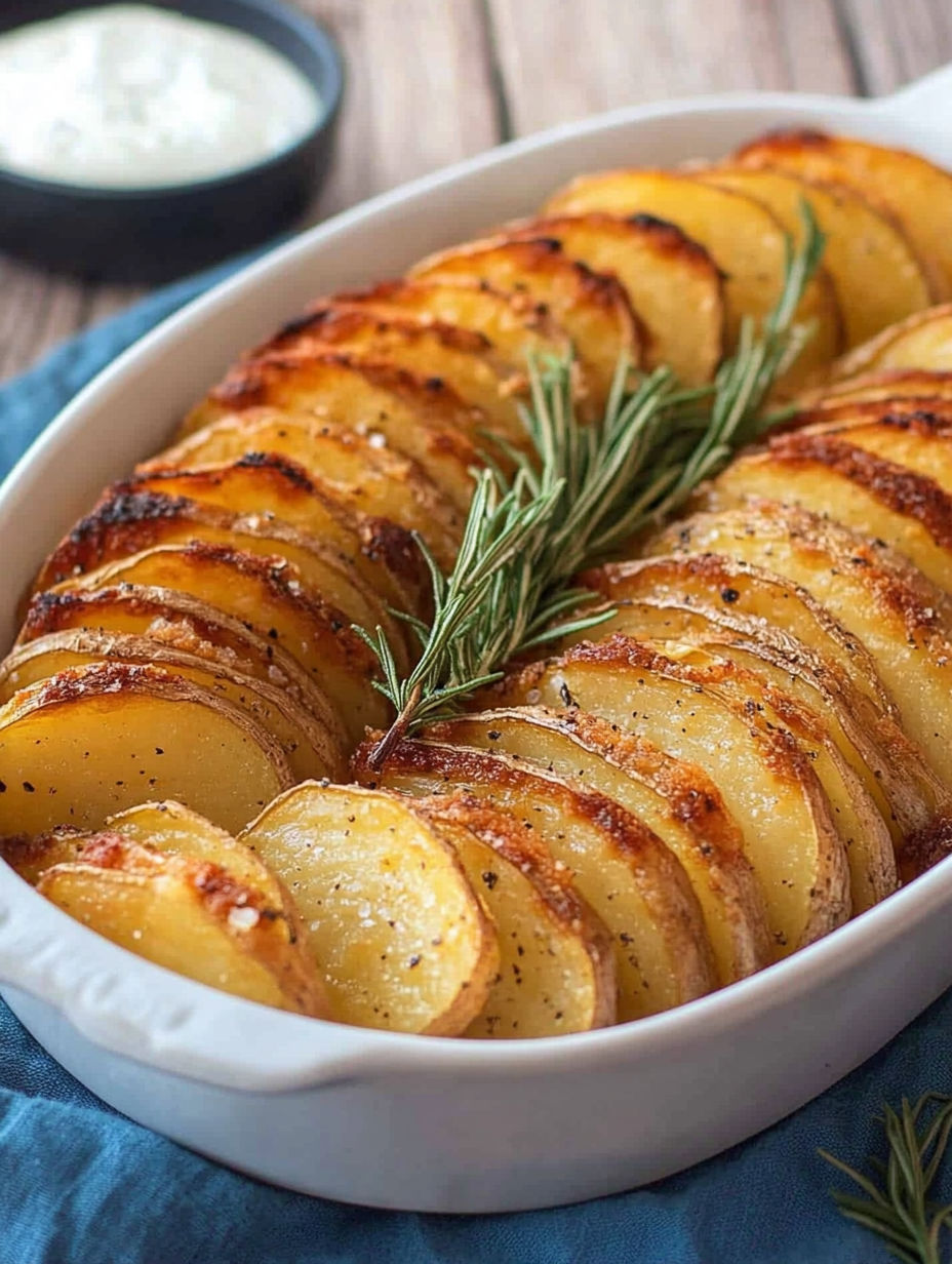 A dish of roasted potatoes with herbs.