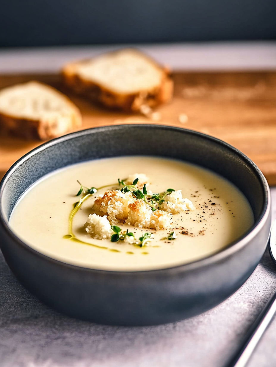 A bowl of soup with a spoon in it.