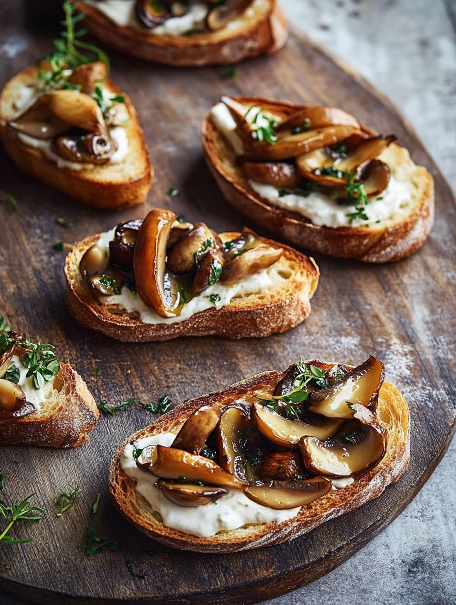 A plate of bread with mushrooms on top.