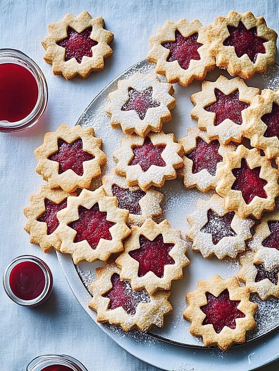 A plate of cookies with red jam in the middle.