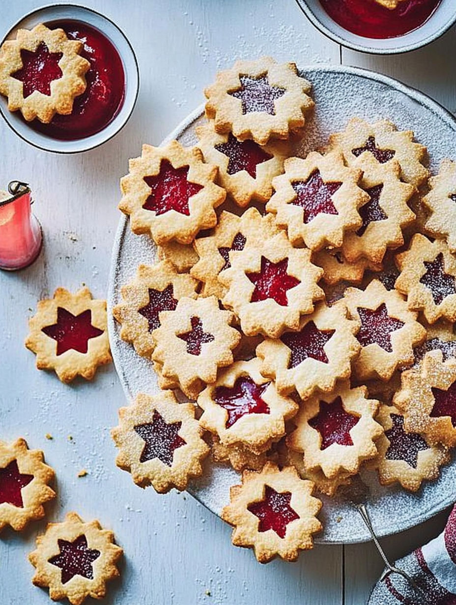 A plate of cookies with jelly in the middle.