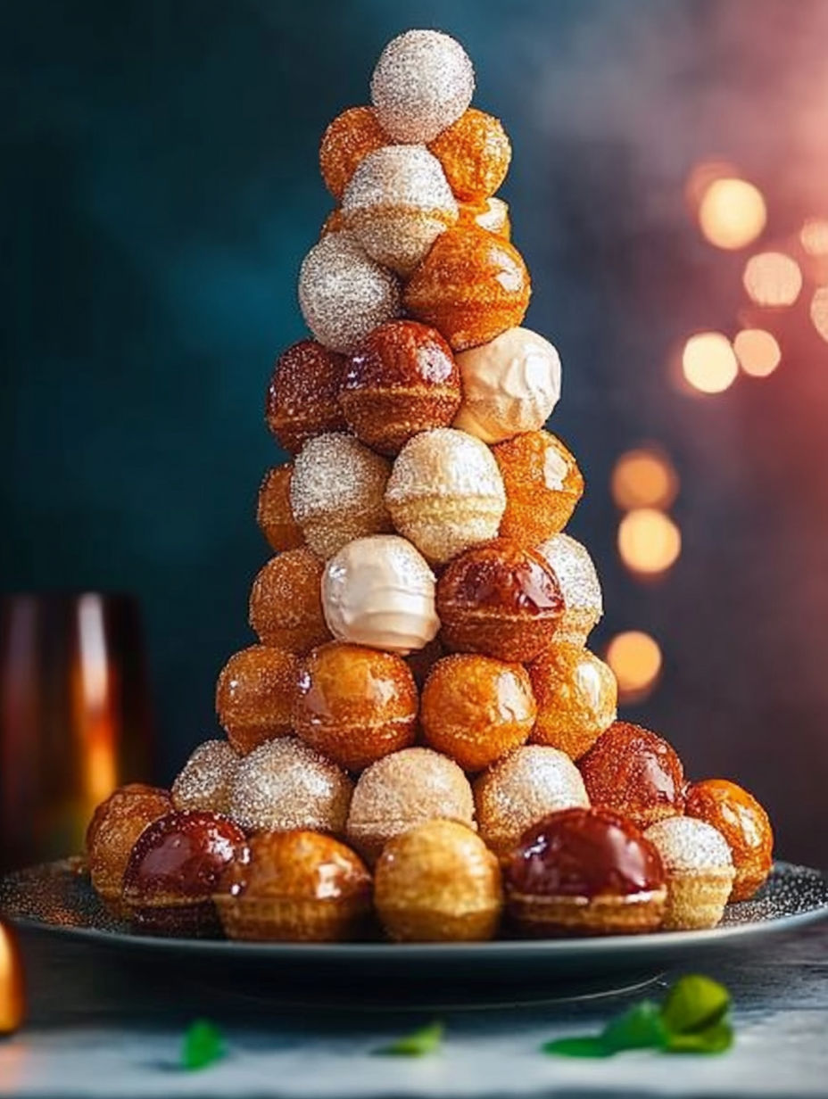 A stack of pastries with a drizzle of sauce on top.