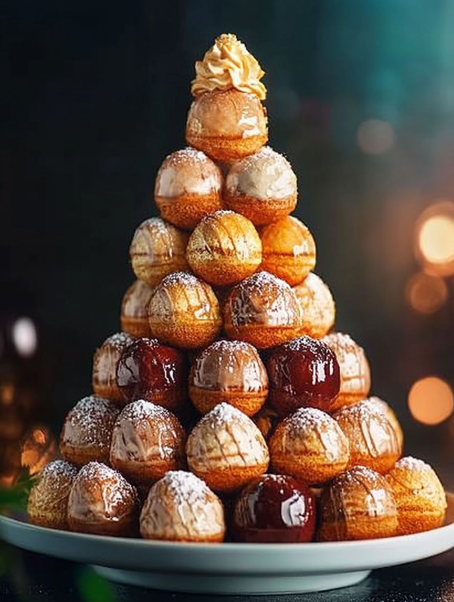 A stack of donuts with powdered sugar on top.