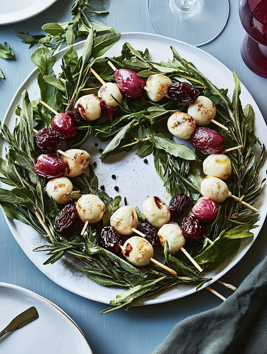 A plate of food with a green leafy wreath on top.