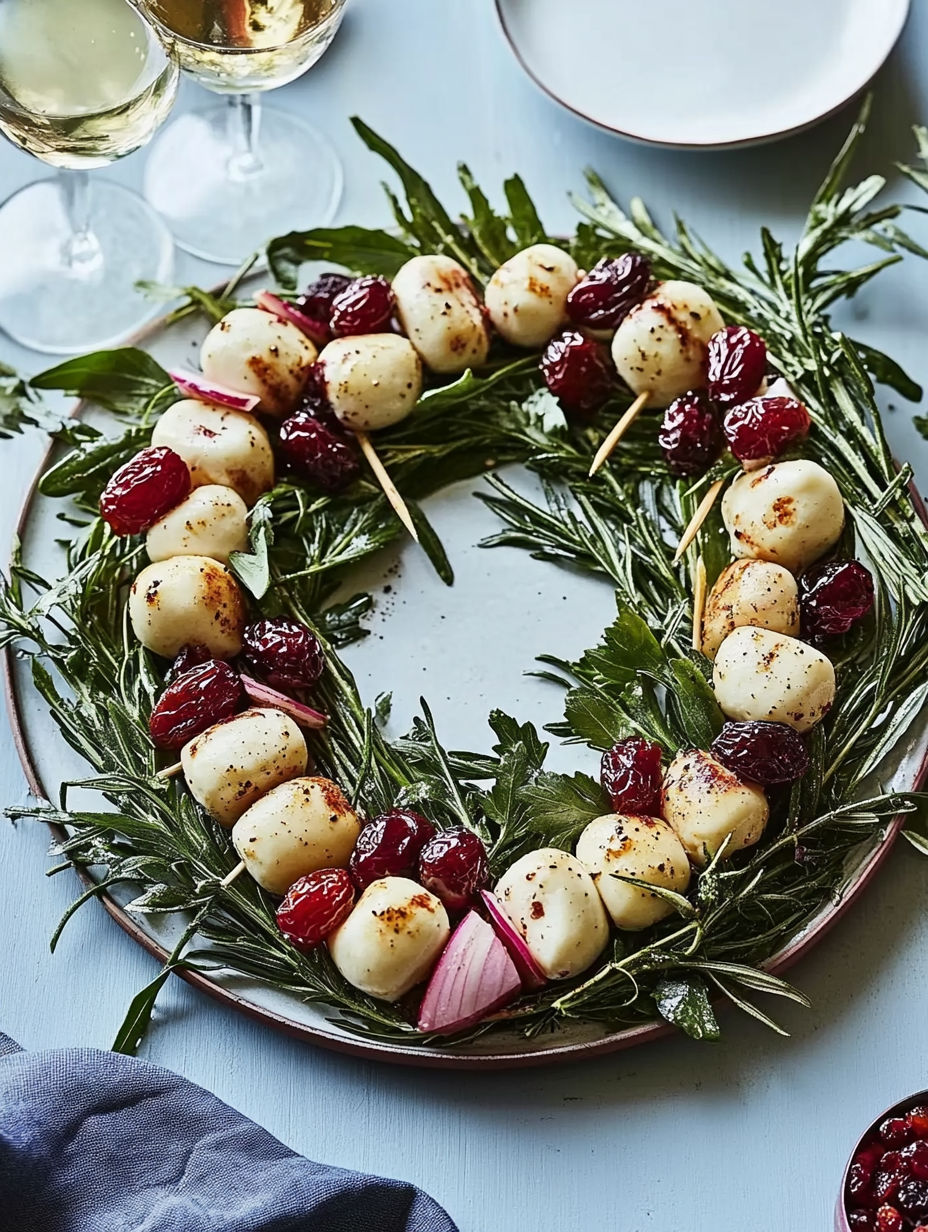 A plate of food with a green leafy wreath on top.
