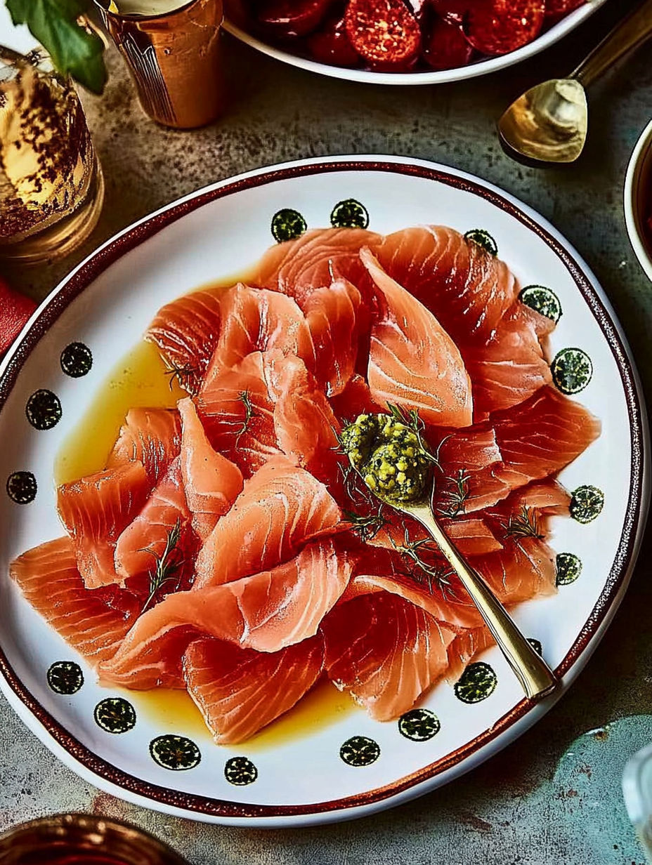 A plate of raw fish with a spoon on top.