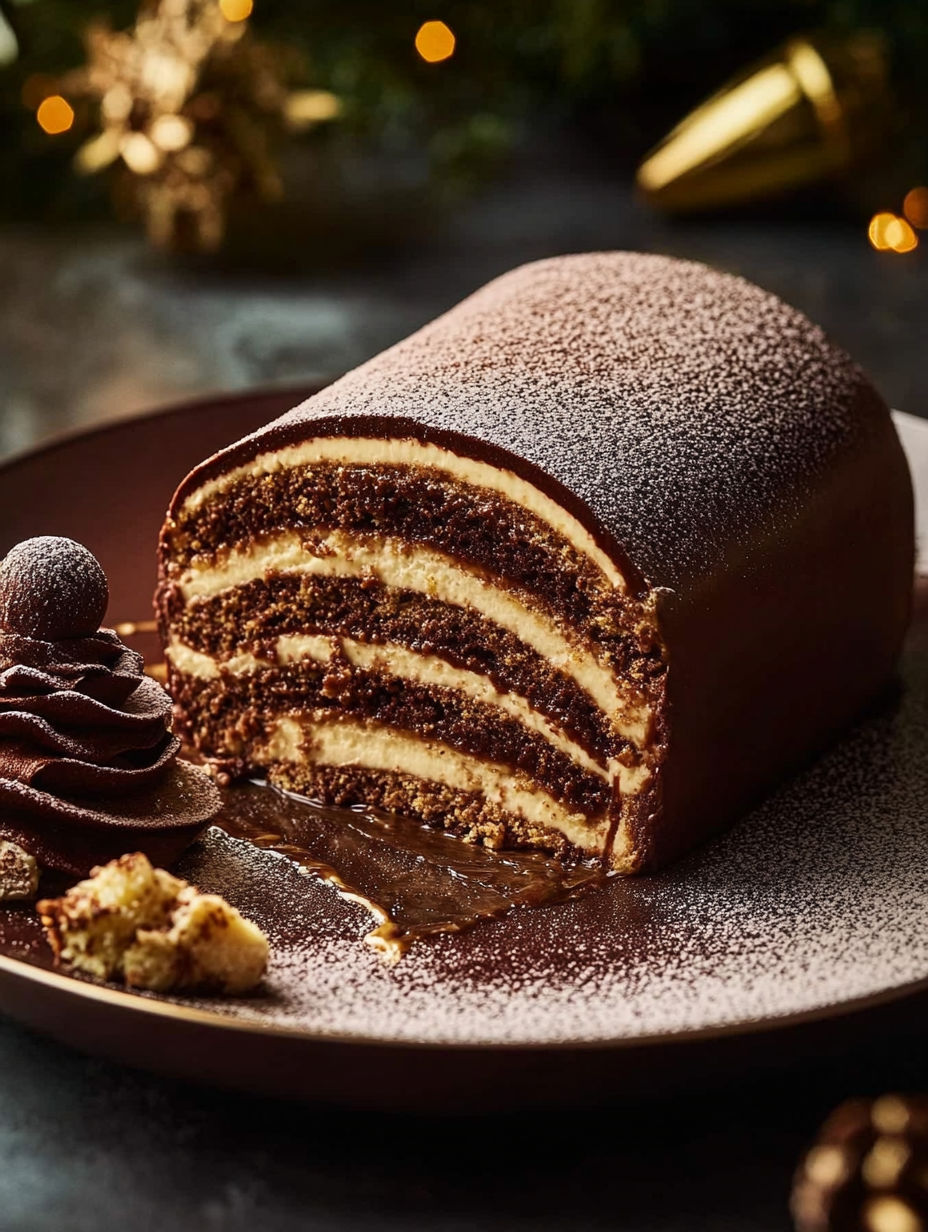 A chocolate cake with frosting and a gold ball on top.