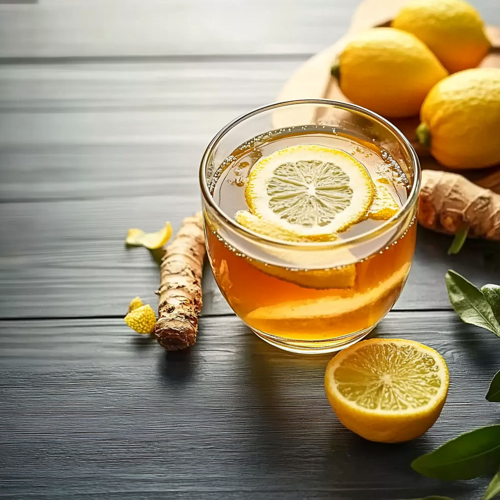 A glass of tea with lemon and ginger.