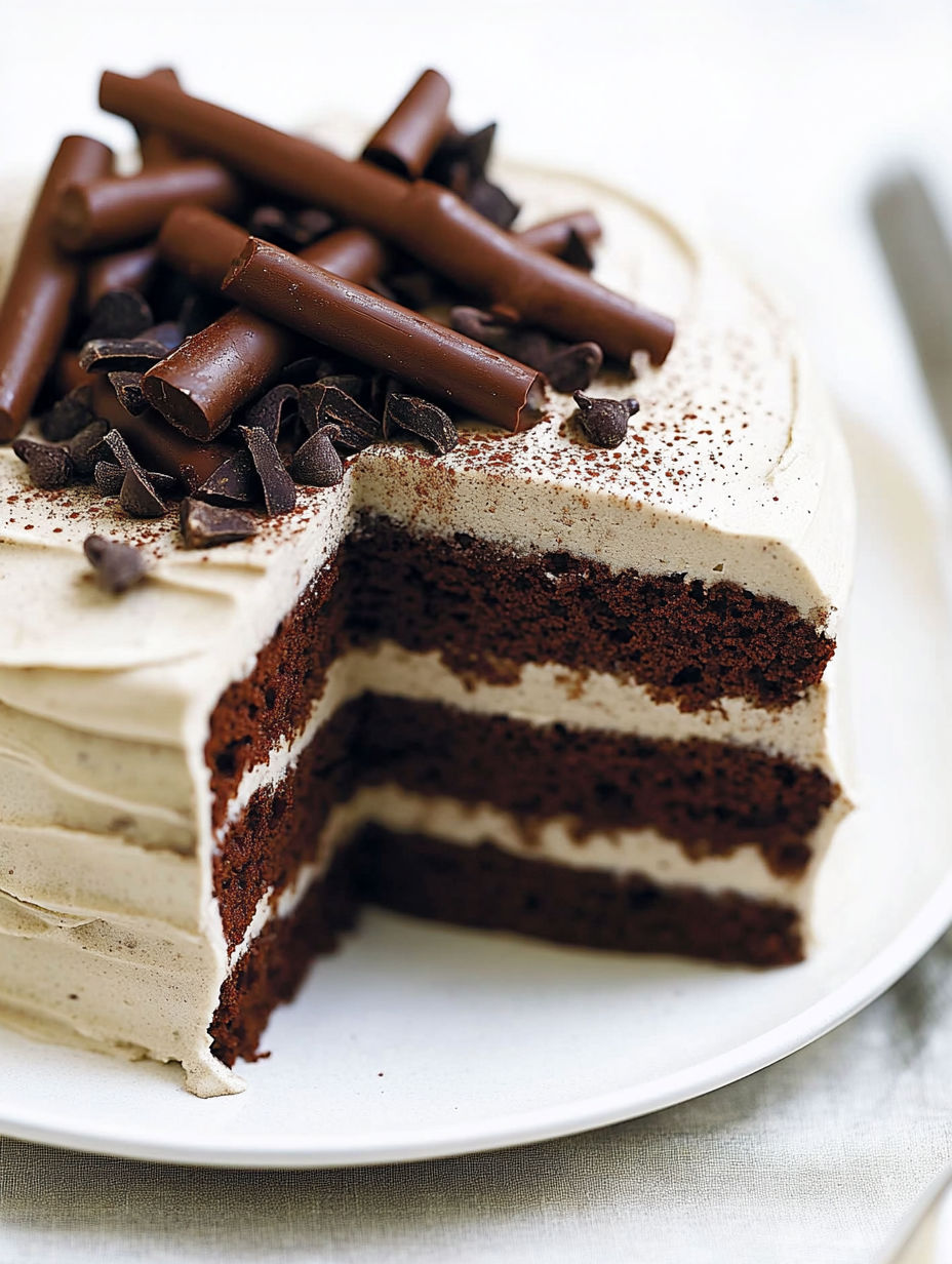 A slice of chocolate cake with chocolate frosting and chocolate chips.
