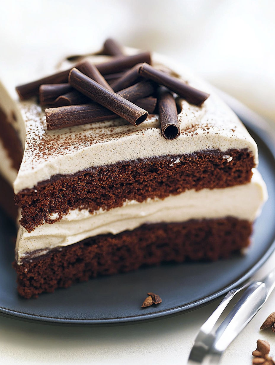 A slice of cake with chocolate frosting and cocoa powder sprinkled on top.