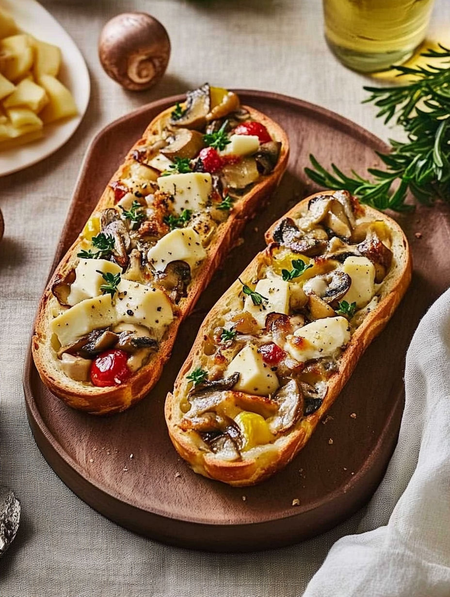 Two slices of mushroom and cheese bread.