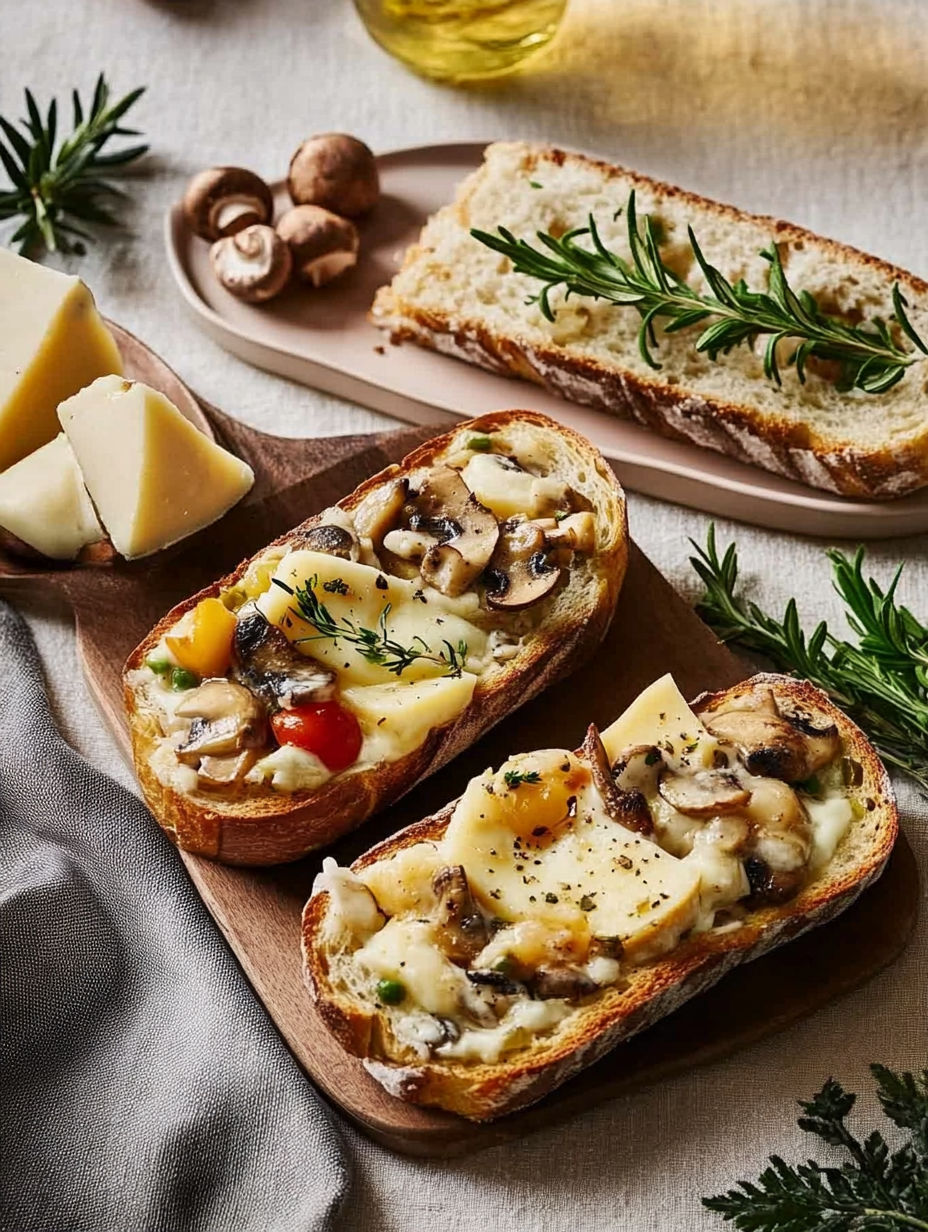 A plate of bread with cheese and mushrooms on it.
