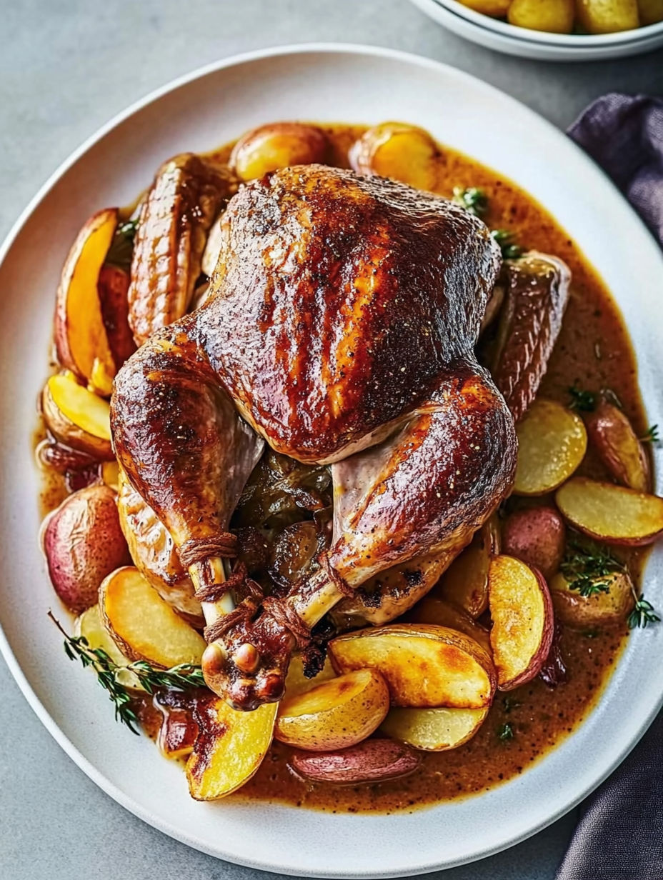 A roasted chicken with potatoes and herbs.