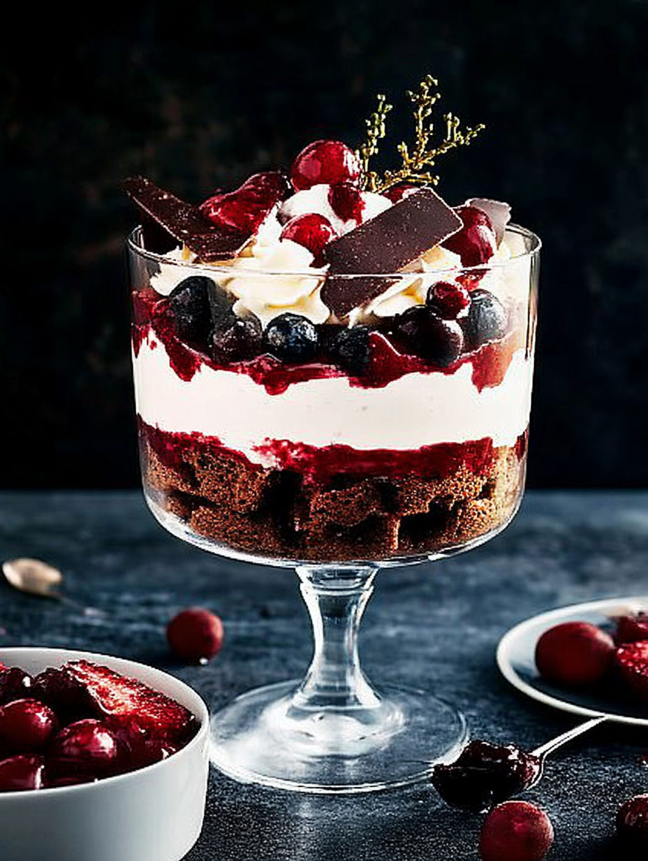 A glass bowl of dessert with berries and whipped cream.