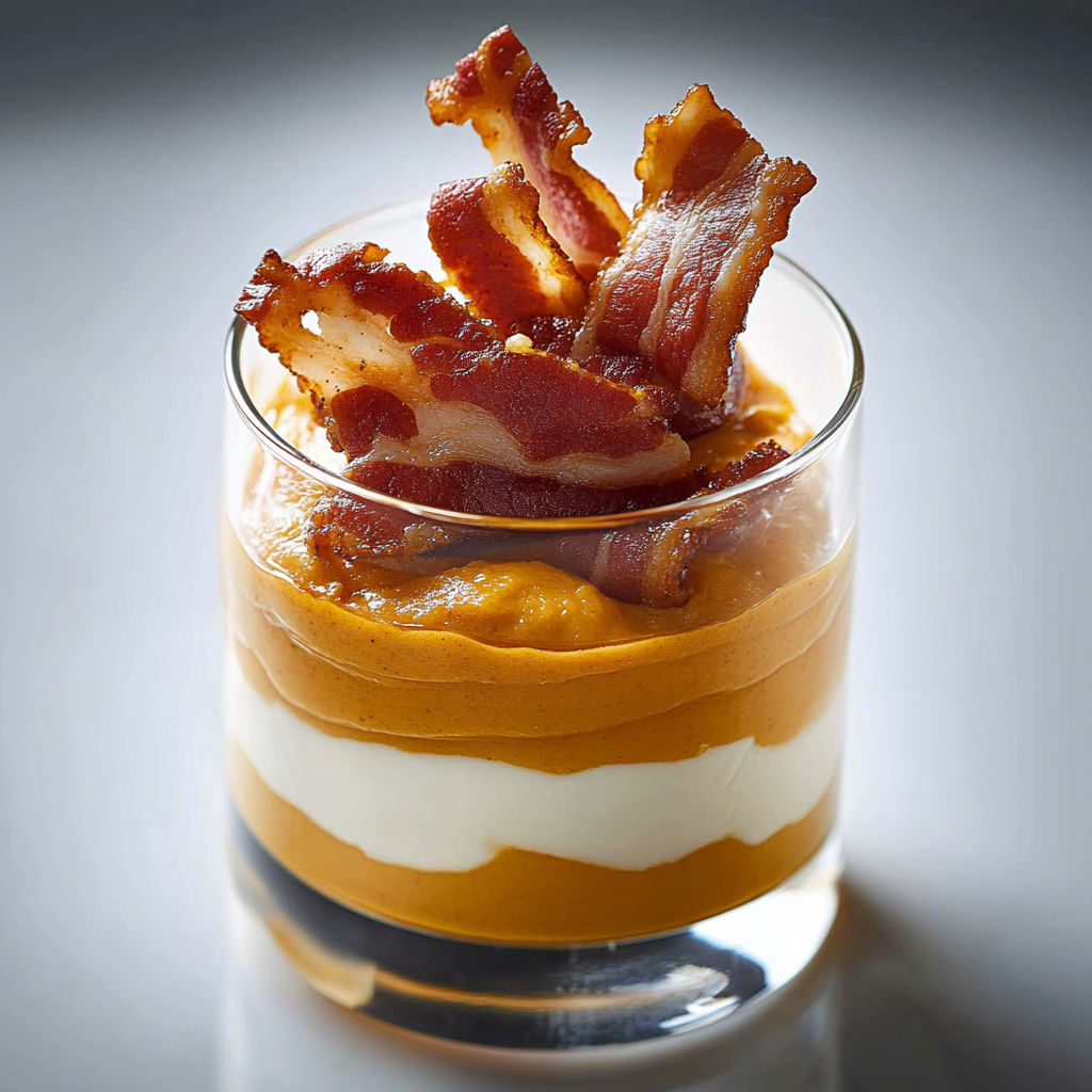 A glass of food with bacon on top.