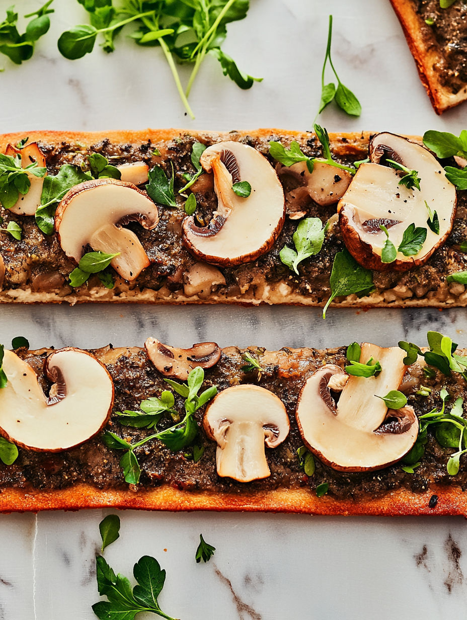 A close up of a mushroom on a pizza.