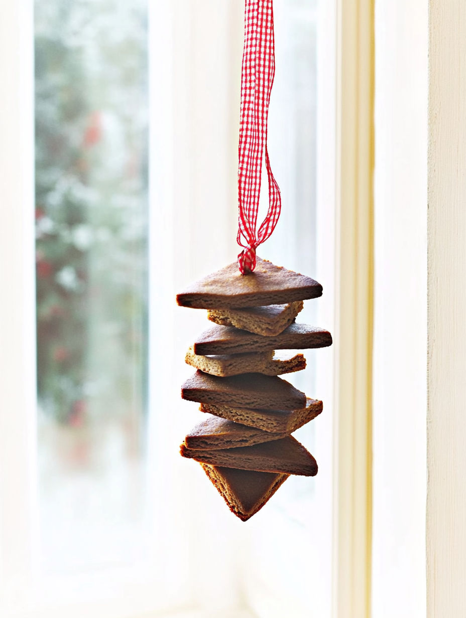A stack of biscuits hanging from a string.