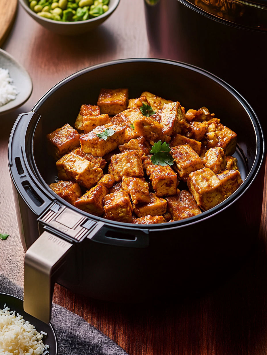 A bowl of food with a green garnish.