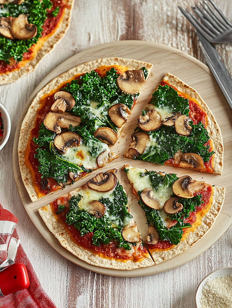 A slice of pizza with mushrooms and spinach.