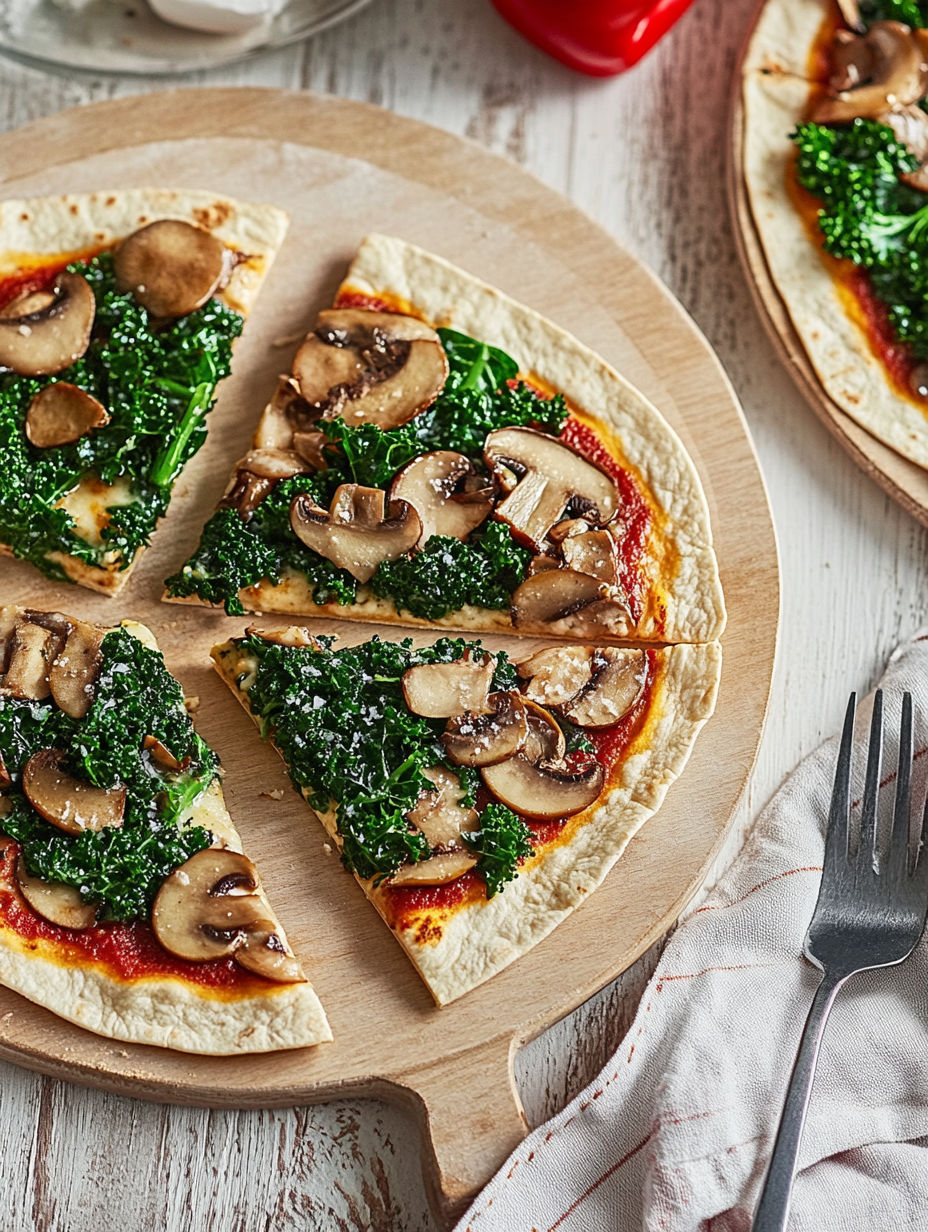 A slice of pizza with mushrooms and spinach.