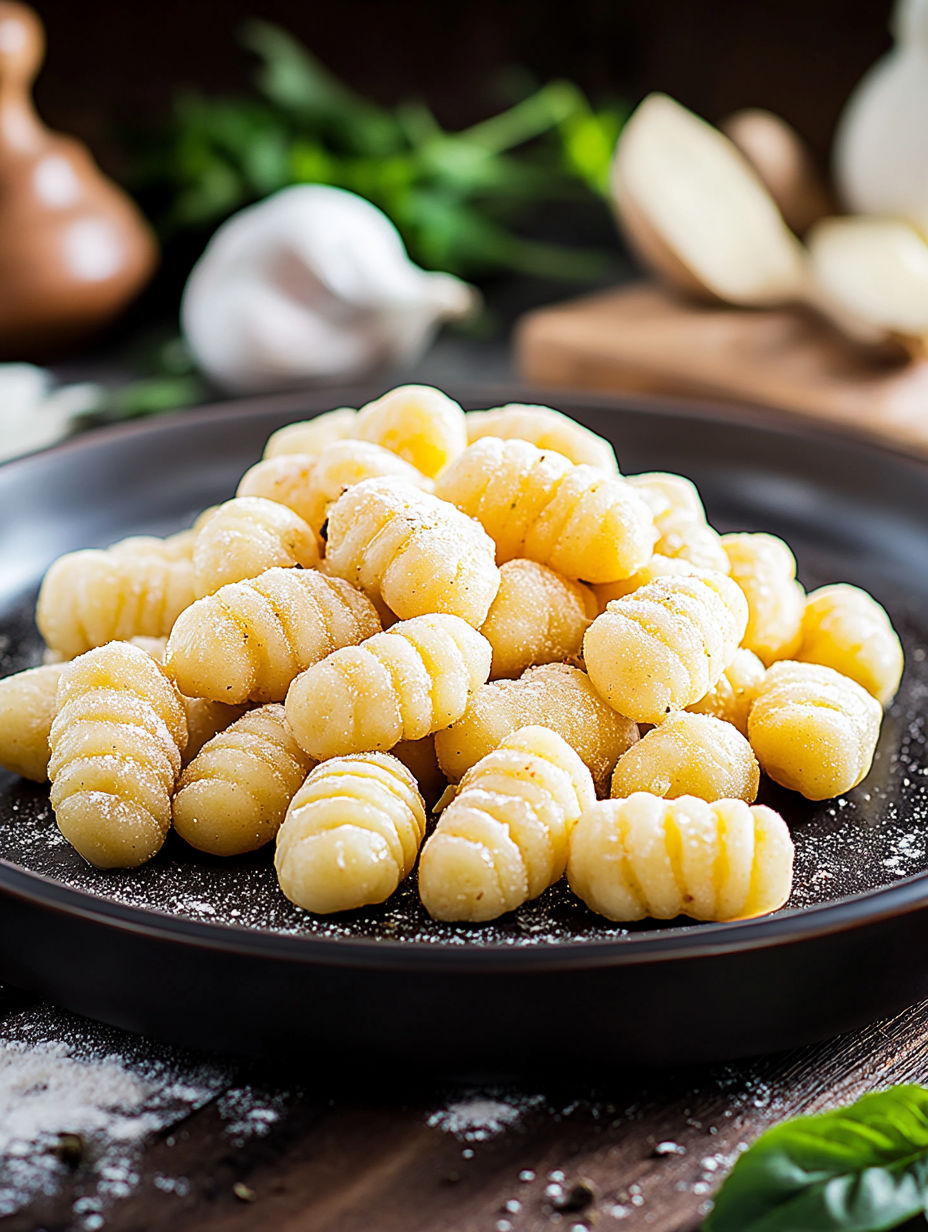 A plate of pasta with garlic and herbs.