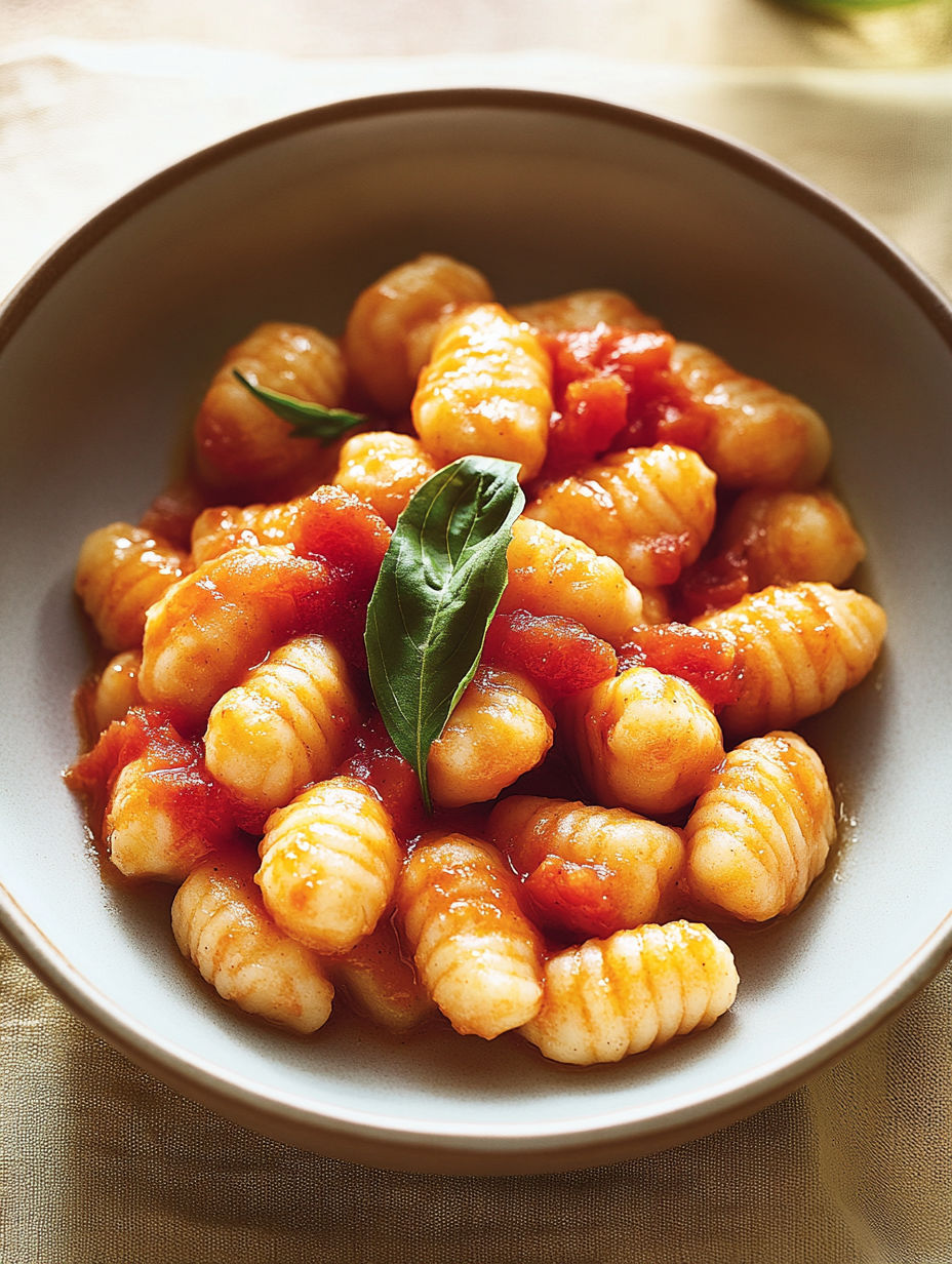 A bowl of pasta with tomato sauce and a green leaf on top.