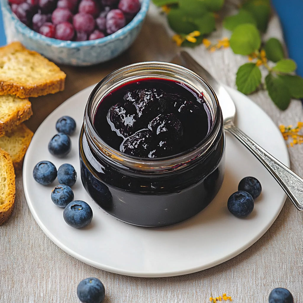 A bowl of blueberries with a jar of blueberry jam.