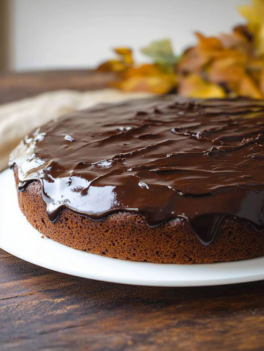 A chocolate cake with chocolate frosting on a white plate.
