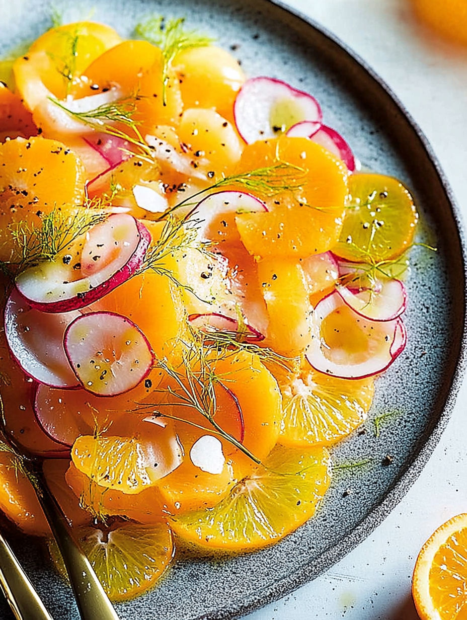 A bowl of sliced oranges with a sprig of parsley on top.