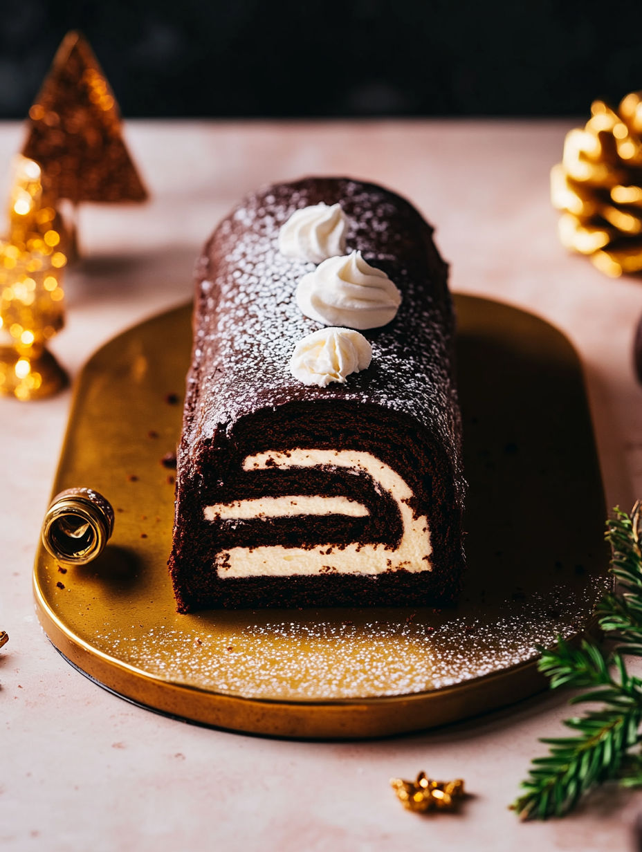 A chocolate cake with white frosting and a gold plate.