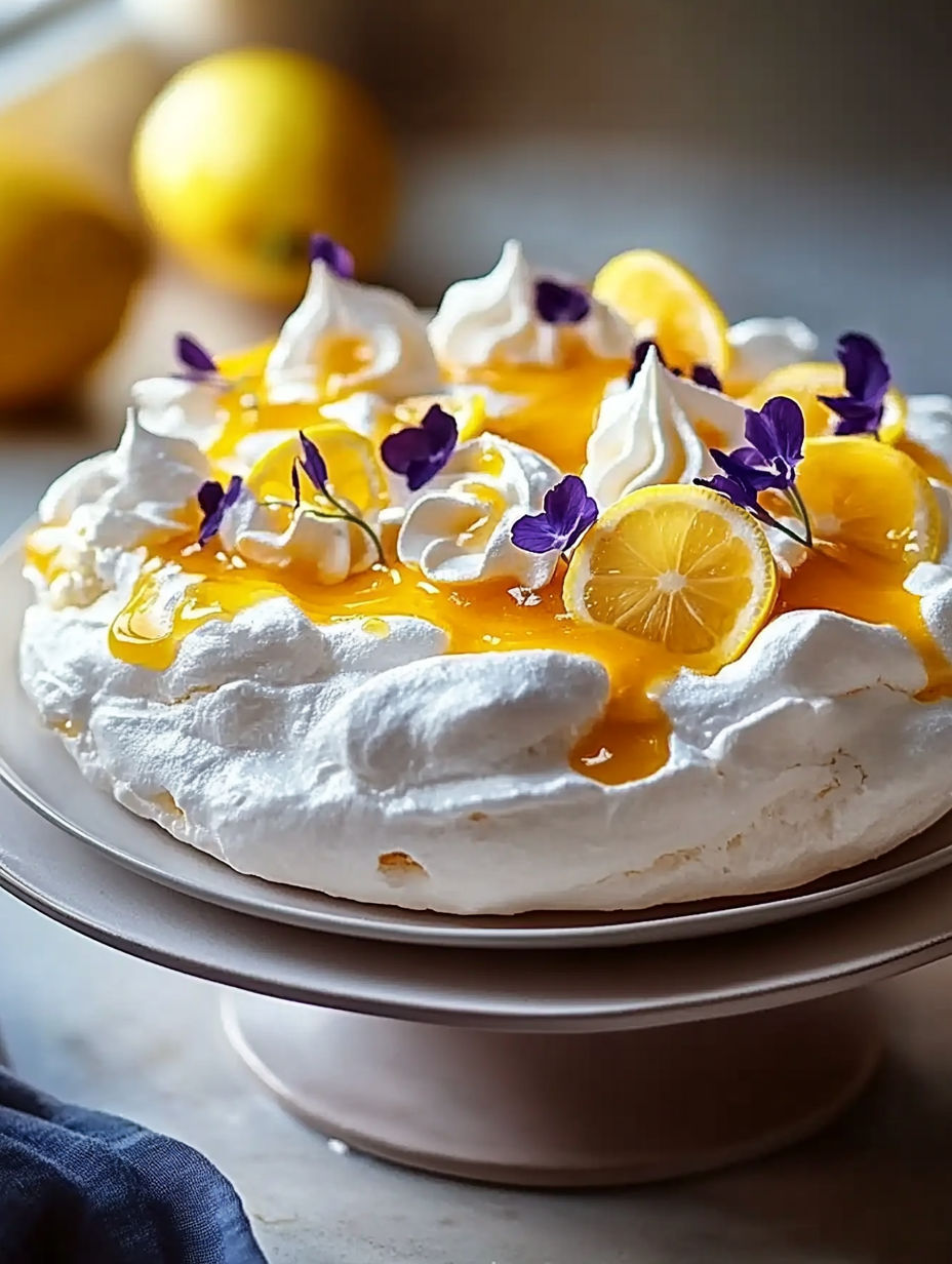 A plate of food with lemon slices and whipped cream.