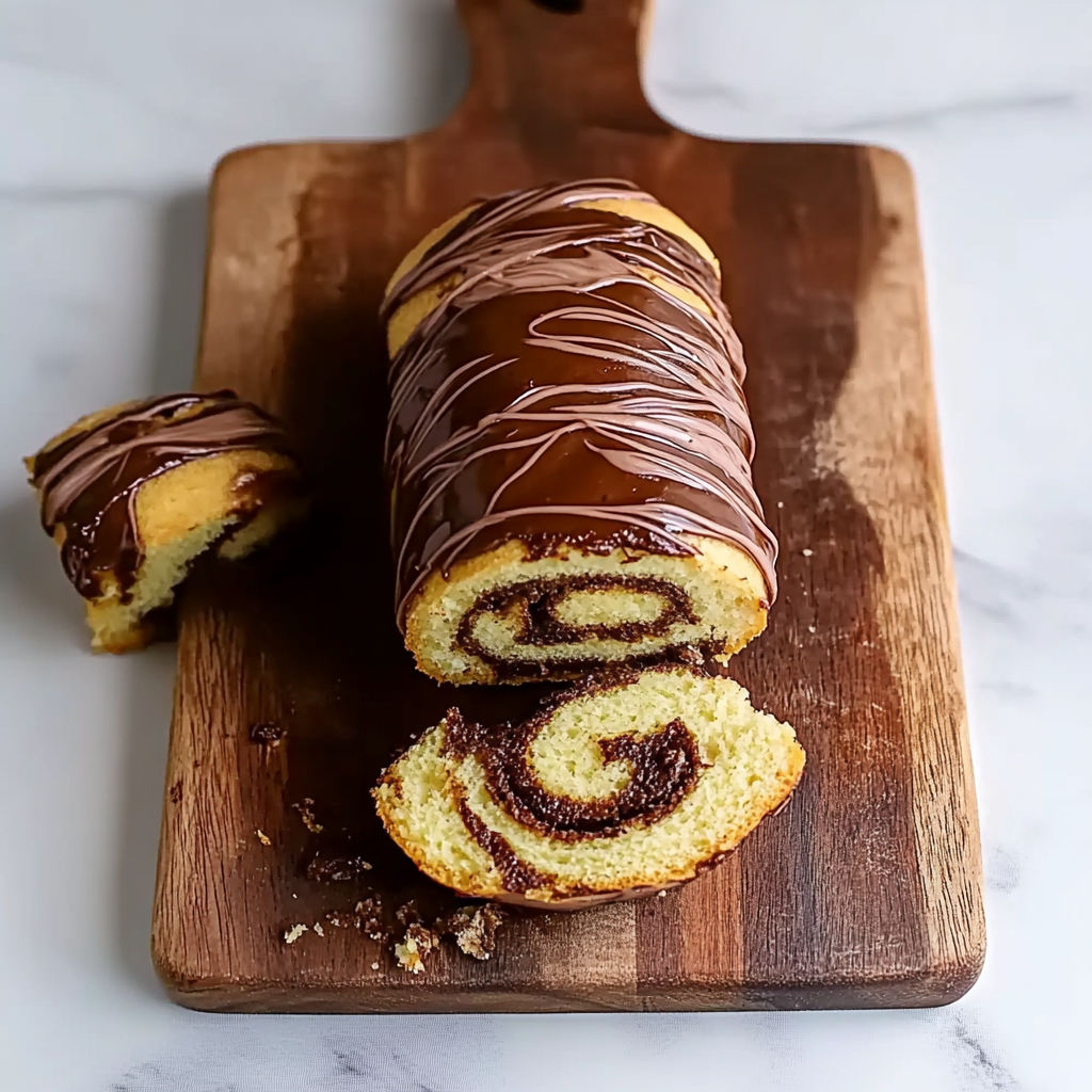 A slice of a roll with chocolate on it.