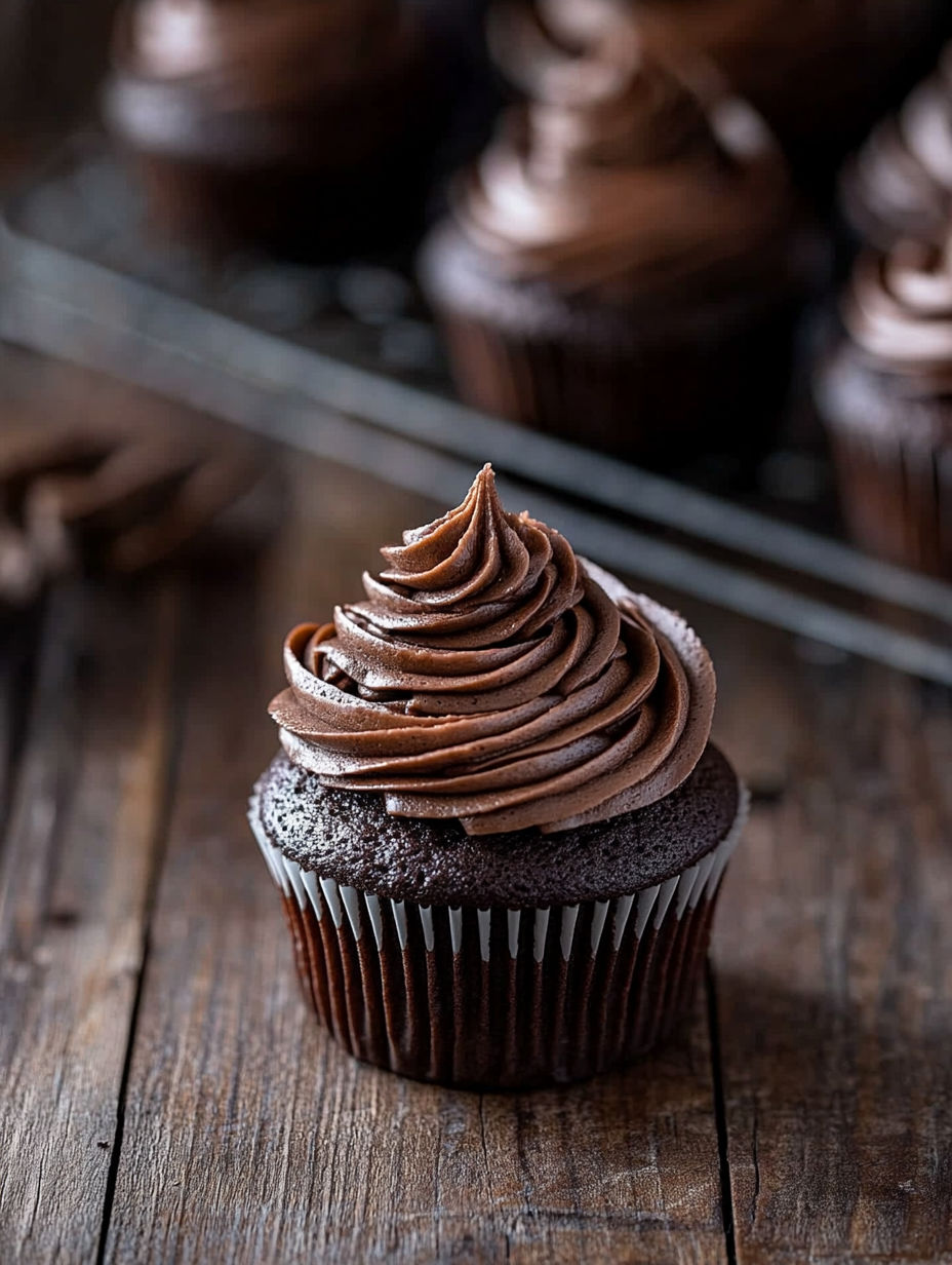 A chocolate cupcake with a swirl of chocolate frosting.