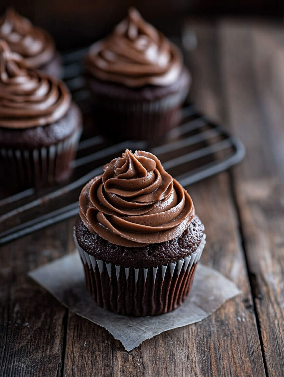A chocolate cupcake with a swirl of chocolate frosting.