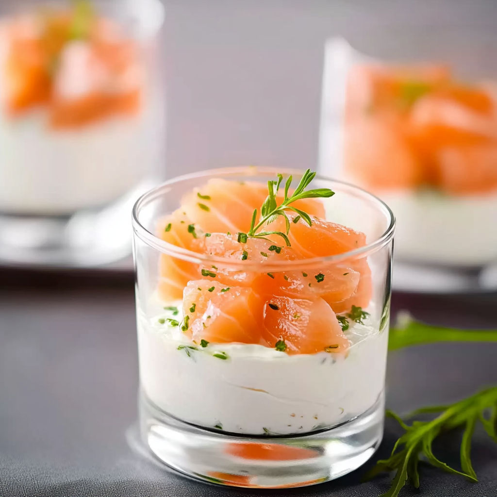 A glass of salmon with cilantro and mascarpone.