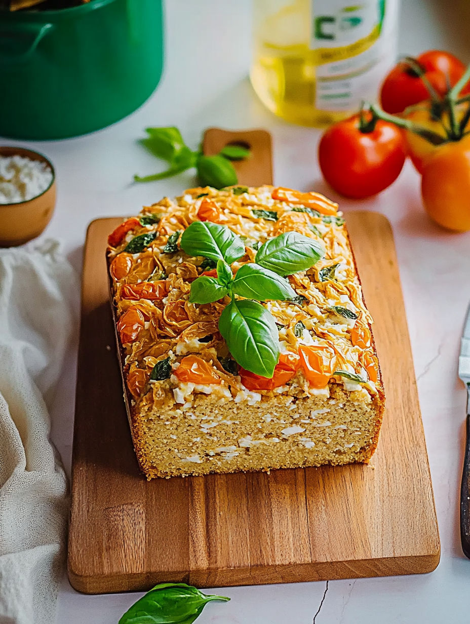 A loaf of bread with tomatoes and basil on top.