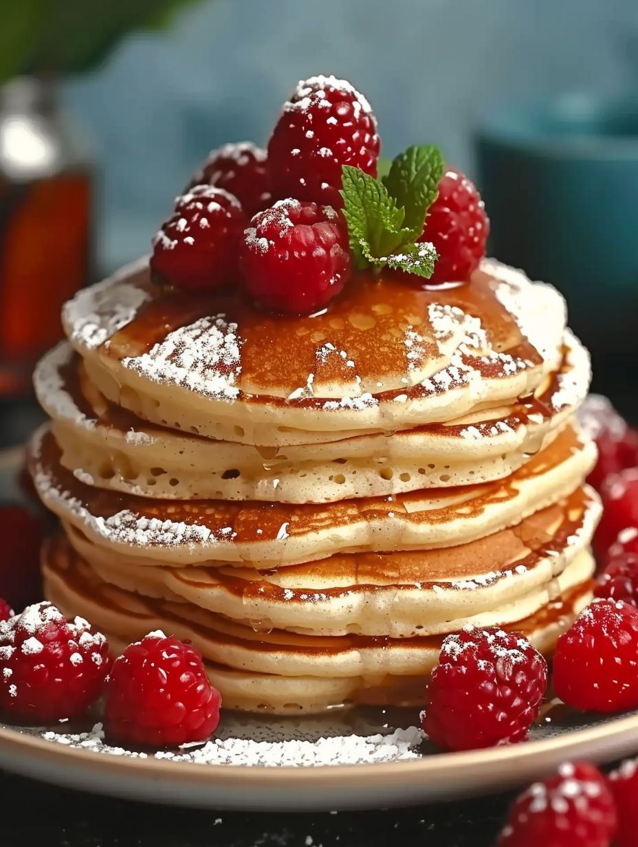 A stack of pancakes with raspberries on top.