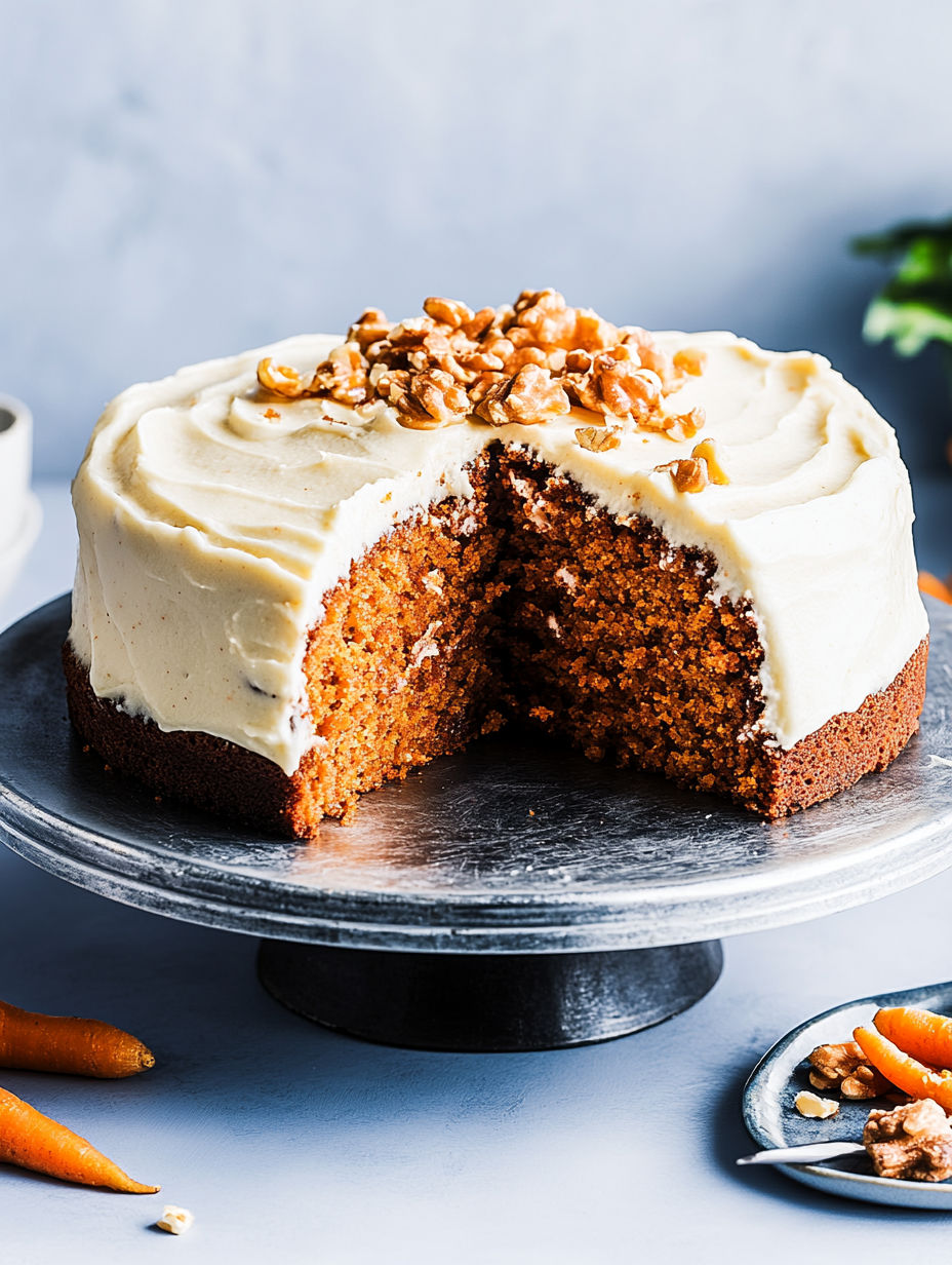 A slice of orange cake with walnuts on top.